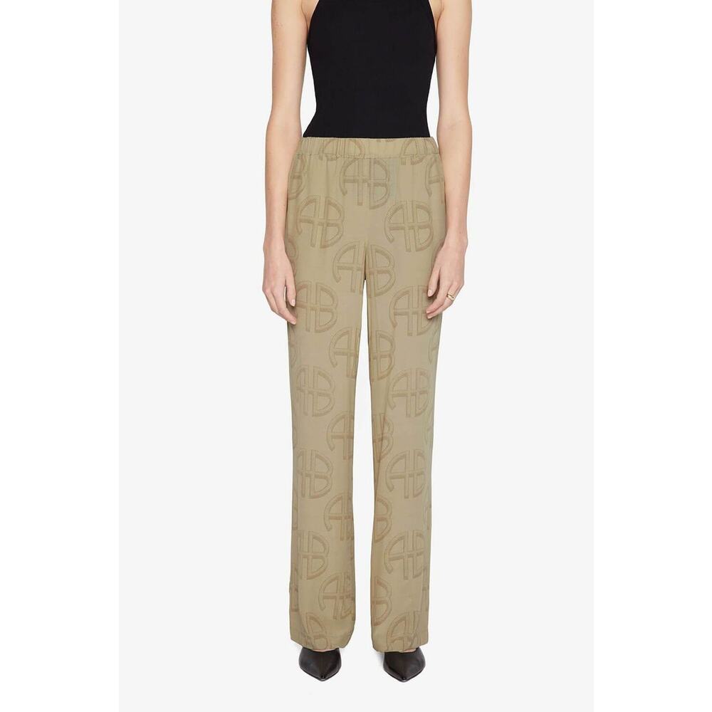 Anine Bing Owen Celadon Monogram Print Pants Wide Leg Elastic Waist Khaki Sz XS